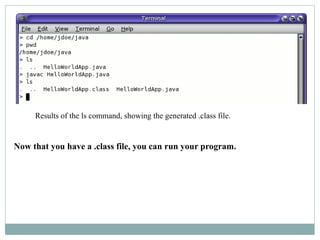 Now that you have a .class file, you can run your program.
Results of the ls command, showing the generated .class file.
 