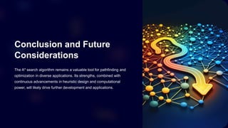 Conclusion and Future
Considerations
The A* search algorithm remains a valuable tool for pathfinding and
optimization in diverse applications. Its strengths, combined with
continuous advancements in heuristic design and computational
power, will likely drive further development and applications.
 