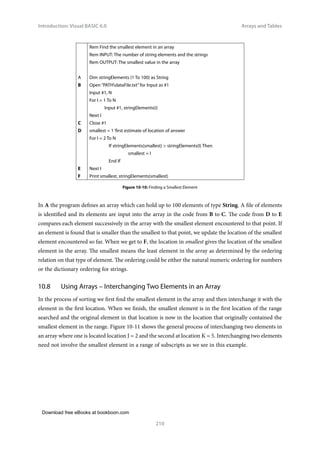 Download free eBooks at bookboon.com
Introduction: Visual BASIC 6.0
210
Arrays and Tables
Rem Find the smallest element in an array
Rem INPUT: The number of string elements and the strings
Rem OUTPUT: The smallest value in the array
A Dim stringElements (1 To 100) as String
B Open “PATHdataFile.txt”for Input as #1
Input #1, N
For I = 1 To N
Input #1, stringElements(i)
Next I
C Close #1
D smallest = 1 ‘first estimate of location of answer
For I = 2 To N
If stringElements(smallest)  stringElements(I) Then
		 smallest = I
End If
E Next I
F Print smallest, stringElements(smallest)
Figure 10‑10: Finding a Smallest Element
In A the program defines an array which can hold up to 100 elements of type String. A file of elements
is identified and its elements are input into the array in the code from B to C. The code from D to E
compares each element successively in the array with the smallest element encountered to that point. If
an element is found that is smaller than the smallest to that point, we update the location of the smallest
element encountered so far. When we get to F, the location in smallest gives the location of the smallest
element in the array. The smallest means the least element in the array as determined by the ordering
relation on that type of element. The ordering could be either the natural numeric ordering for numbers
or the dictionary ordering for strings.
10.8 Using Arrays – Interchanging Two Elements in an Array
In the process of sorting we first find the smallest element in the array and then interchange it with the
element in the first location. When we finish, the smallest element is in the first location of the range
searched and the original element in that location is now in the location that originally contained the
smallest element in the range. Figure 10-11 shows the general process of interchanging two elements in
an array where one is located location J = 2 and the second at location K = 5. Interchanging two elements
need not involve the smallest element in a range of subscripts as we see in this example.
 