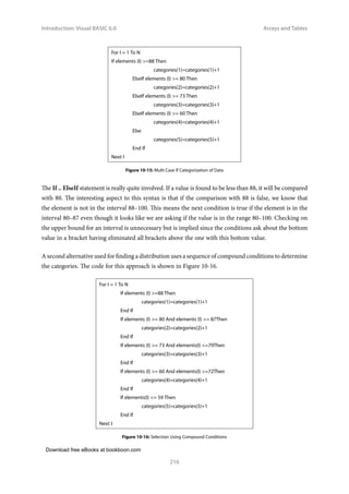 Download free eBooks at bookboon.com
Introduction: Visual BASIC 6.0
216
Arrays and Tables
For I = 1 To N
If elements (I) =88 Then
		categories(1)=categories(1)+1
ElseIf elements (I) = 80 Then
		categories(2)=categories(2)+1
ElseIf elements (I) = 73 Then
		categories(3)=categories(3)+1
ElseIf elements (I) = 60 Then
		categories(4)=categories(4)+1
Else
		categories(5)=categories(5)+1
End If
Next I
Figure 10‑15: Multi Case If Categorization of Data
The If .. ElseIf statement is really quite involved. If a value is found to be less than 88, it will be compared
with 80. The interesting aspect to this syntax is that if the comparison with 88 is false, we know that
the element is not in the interval 88–100. This means the next condition is true if the element is in the
interval 80–87 even though it looks like we are asking if the value is in the range 80–100. Checking on
the upper bound for an interval is unnecessary but is implied since the conditions ask about the bottom
value in a bracket having eliminated all brackets above the one with this bottom value.
A second alternative used for finding a distribution uses a sequence of compound conditions to determine
the categories. The code for this approach is shown in Figure 10-16.
For I = 1 To N
If elements (I) =88 Then
		categories(1)=categories(1)+1
End If
If elements (I) = 80 And elements (I) = 87Then
		categories(2)=categories(2)+1
End If
If elements (I) = 73 And elements(I) =79Then
		categories(3)=categories(3)+1
End If
If elements (I) = 60 And elements(I) =72Then
		categories(4)=categories(4)+1
End If
If elements(I) = 59 Then
		categories(5)=categories(5)+1
End If
Next I
Figure 10‑16: Selection Using Compound Conditions
 