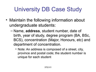 University DB Case Study
• Maintain the following information about
  undergraduate students:
  – Name, address, student number, date of
    birth, year of study, degree program (BA, BSc,
    BCS), concentration (Major, Honours, etc) and
    department of concentration.
     • Note: An address is composed of a street, city,
       province and postal code; the student number is
       unique for each student


                         3753 X1
 