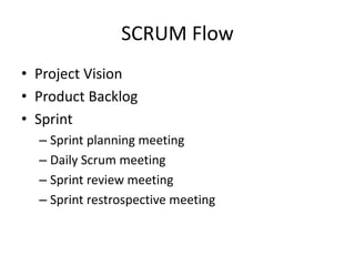 SCRUM Flow
• Project Vision
• Product Backlog
• Sprint
  – Sprint planning meeting
  – Daily Scrum meeting
  – Sprint review meeting
  – Sprint restrospective meeting
 