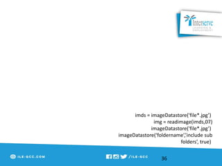 36
imds = imageDatastore('file*.jpg’)
img = readimage(imds,07)
imageDatastore('file*.jpg’)
imageDatastore(‘foldername’,’include sub
folders’, true)
 