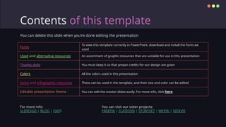 Contents of this template
You can delete this slide when you’re done editing the presentation
Fonts
To view this template correctly in PowerPoint, download and install the fonts we
used
Used and alternative resources An assortment of graphic resources that are suitable for use in this presentation
Thanks slide You must keep it so that proper credits for our design are given
Colors All the colors used in this presentation
Icons and infographic resources These can be used in the template, and their size and color can be edited
Editable presentation theme You can edit the master slides easily. For more info, click here
For more info:
SLIDESGO | BLOG | FAQS
You can visit our sister projects:
FREEPIK | FLATICON | STORYSET | WEPIK | VIDEVO
 