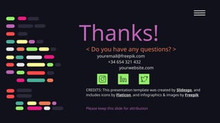 CREDITS: This presentation template was created by Slidesgo, and
includes icons by Flaticon, and infographics & images by Freepik
Thanks!
< Do you have any questions? >
youremail@freepik.com
+34 654 321 432
yourwebsite.com
Please keep this slide for attribution
 