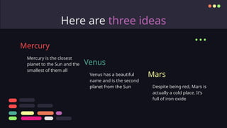 Here are three ideas
Mercury is the closest
planet to the Sun and the
smallest of them all
Venus has a beautiful
name and is the second
planet from the Sun Despite being red, Mars is
actually a cold place. It’s
full of iron oxide
Mercury
Venus
Mars
...
 