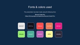 This presentation has been made using the following fonts:
Source Code Pro
(https://fonts.google.com/specimen/Source+Code+Pro)
#e7e7e7 #10111a #fd4a4a #ec7955
#94ee6b #4cae97 #bd64b5 #ffff99
#e81a81
#2c293a
Fonts & colors used
 