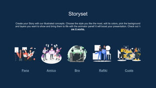 Create your Story with our illustrated concepts. Choose the style you like the most, edit its colors, pick the background
and layers you want to show and bring them to life with the animator panel! It will boost your presentation. Check out h
ow it works.
Storyset
Pana Amico Bro Rafiki Cuate
 
