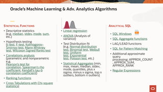ANALYTICAL SQL
• SQL Windows
• SQL Aggregate functions
• LAG/LEAD functions
• SQL for Pattern Matching
• Additional approximate
query
processing: APPROX_COUNT
, APPROX_SUM,
APPROX_RANK
• Regular Expressions
• Linear regression
• ANOVA (Analysis of
variance)
• Test Distribution fit
(e.g. Normal distribution
test, Binomial test, Weibull
test, Uniform
test, Exponential
test, Poisson test, etc.)
• Statistical Aggregates (min,
max, mean, median, stdev,
mode, quantiles, plus x
sigma, minus x sigma, top n
outliers, bottom n outliers)
STATISTICAL FUNCTIONS
• Descriptive statistics
(e.g. median, stdev, mode, sum,
etc.)
• Hypothesis testing
(t-test, F-test, Kolmogorov-
Smirnov test, Mann Whitney
test, Wilcoxon Signed Ranks test
• Correlations analysis
(parametric and nonparametric
e.g.
Pearson’s test for
correlation, Spearman's rho
coefficient, Kendall's tau-b
correlation coefficient)
• Ranking functions
• Cross Tabulations with Chi-square
statistics|
Oracle’s Machine Learning & Adv. Analytics Algorithms
 