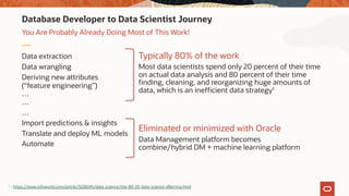 Data extraction
Data wrangling
Deriving new attributes
(“feature engineering”)
…
…
…
Import predictions & insights
Translate and deploy ML models
Automate
You Are Probably Already Doing Most of This Work!
Database Developer to Data Scientist Journey
1 - https://www.infoworld.com/article/3228245/data-science/the-80-20-data-science-dilemma.html
Typically 80% of the work
Most data scientists spend only 20 percent of their time
on actual data analysis and 80 percent of their time
finding, cleaning, and reorganizing huge amounts of
data, which is an inefficient data strategy1
Eliminated or minimized with Oracle
Data Management platform becomes
combine/hybrid DM + machine learning platform
 