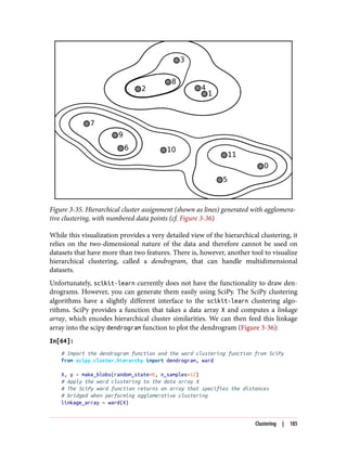 Figure 3-35. Hierarchical cluster assignment (shown as lines) generated with agglomera‐
tive clustering, with numbered data points (cf. Figure 3-36)
While this visualization provides a very detailed view of the hierarchical clustering, it
relies on the two-dimensional nature of the data and therefore cannot be used on
datasets that have more than two features. There is, however, another tool to visualize
hierarchical clustering, called a dendrogram, that can handle multidimensional
datasets.
Unfortunately, scikit-learn currently does not have the functionality to draw den‐
drograms. However, you can generate them easily using SciPy. The SciPy clustering
algorithms have a slightly different interface to the scikit-learn clustering algo‐
rithms. SciPy provides a function that takes a data array X and computes a linkage
array, which encodes hierarchical cluster similarities. We can then feed this linkage
array into the scipy dendrogram function to plot the dendrogram (Figure 3-36):
In[64]:
# Import the dendrogram function and the ward clustering function from SciPy
from scipy.cluster.hierarchy import dendrogram, ward
X, y = make_blobs(random_state=0, n_samples=12)
# Apply the ward clustering to the data array X
# The SciPy ward function returns an array that specifies the distances
# bridged when performing agglomerative clustering
linkage_array = ward(X)
Clustering | 185
 