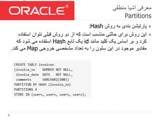 ‫منطقی‬ ‫اشیا‬ ‫معرفی‬
Partitions
‫روش‬ ‫به‬ ‫بندی‬ ‫پارتیشن‬Hash:
‫استف‬ ‫نتوان‬ ‫قبلی‬ ‫روش‬ ‫دو‬ ‫از‬ ‫که‬ ‫است‬ ‫مناسب‬ ‫حالتی‬ ‫برای‬ ‫روش‬ ‫این‬‫اده‬
‫مانند‬ ‫کلید‬ ‫یک‬ ‫اساس‬ ‫بر‬ ‫و‬ ‫کرد‬id‫تابع‬ ‫یک‬Hash‫که‬ ‫شود‬ ‫می‬ ‫استفاده‬
‫خروجی‬ ‫مشخصی‬ ‫تعداد‬ ‫به‬ ‫را‬ ‫ستون‬ ‫این‬ ‫در‬ ‫موجود‬ ‫مقادیر‬Map‫کند‬ ‫می‬.
 