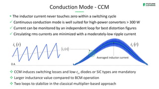 Conduction Mode - CCM
 The inductor current never touches zero within a switching cycle
 Continuous conduction mode is well suited for high-power converters > 300 W
 Current can be monitored by an independent loop for best distortion figures
 Circulating rms currents are minimized with a moderately-low ripple current
 
L
i t
Averaged inductor current
 
L
i t
0 A
 CCM induces switching losses and low-trr diodes or SiC types are mandatory
 Larger inductance value compared to BCM operation
 Two loops to stabilize in the classical multiplier-based approach
 
L
i t
 