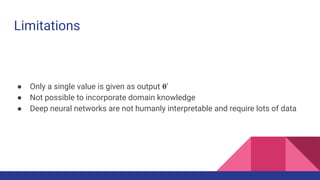 Limitations
● Only a single value is given as output 𝛉’
● Not possible to incorporate domain knowledge
● Deep neural networks are not humanly interpretable and require lots of data
 