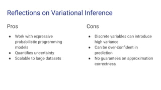 Reﬂections on Variational Inference
Pros
● Work with expressive
probabilistic programming
models
● Quantiﬁes uncertainty
● Scalable to large datasets
Cons
● Discrete variables can introduce
high variance
● Can be over-conﬁdent in
prediction
● No guarantees on approximation
correctness
 