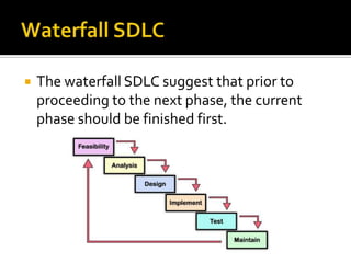    The waterfall SDLC suggest that prior to
    proceeding to the next phase, the current
    phase should be finished first.
 