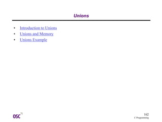 162
C Programming
Unions
• Introduction to Unions
• Unions and Memory
• Unions Example
 