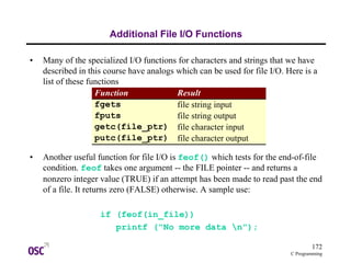 172
C Programming
Additional File I/O Functions
• Many of the specialized I/O functions for characters and strings that we have
described in this course have analogs which can be used for file I/O. Here is a
list of these functions
• Another useful function for file I/O is feof() which tests for the end-of-file
condition. feof takes one argument -- the FILE pointer -- and returns a
nonzero integer value (TRUE) if an attempt has been made to read past the end
of a file. It returns zero (FALSE) otherwise. A sample use:
if (feof(in_file))
printf ("No more data n");
Function Result
fgets file string input
fputs file string output
getc(file_ptr) file character input
putc(file_ptr) file character output
 