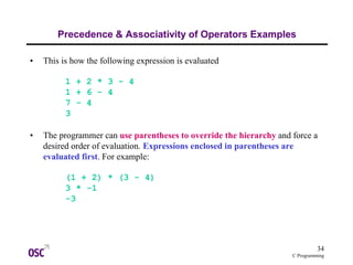 34
C Programming
Precedence & Associativity of Operators Examples
• This is how the following expression is evaluated
1 + 2 * 3 - 4
1 + 6 - 4
7 - 4
3
• The programmer can use parentheses to override the hierarchy and force a
desired order of evaluation. Expressions enclosed in parentheses are
evaluated first. For example:
(1 + 2) * (3 - 4)
3 * -1
-3
 