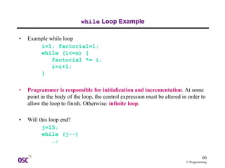 60
C Programming
while Loop Example
• Example while loop
i=1; factorial=1;
while (i<=n) {
factorial *= i;
i=i+1;
}
• Programmer is responsible for initialization and incrementation. At some
point in the body of the loop, the control expression must be altered in order to
allow the loop to finish. Otherwise: infinite loop.
• Will this loop end?
j=15;
while (j--)
…;
 