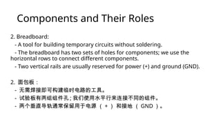 Components and Their Roles
2. Breadboard:
- A tool for building temporary circuits without soldering.
- The breadboard has two sets of holes for components; we use the
horizontal rows to connect different components.
- Two vertical rails are usually reserved for power (+) and ground (GND).
2. 面包板：
- 无需焊接即可构建临时电路的工具。
- 试验板有两组组件孔 ; 我们使用水平行来连接不同的组件。
- 两个垂直导轨通常保留用于电源 （ + ） 和接地 （ GND ）。
 