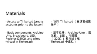 Materials
- Access to Tinkercad (create
accounts prior to the lesson)
- Basic components: Arduino
Uno, Breadboard, LED,
Resistor (220Ω), and wires
(virtual in Tinkercad)
- 访问 Tinkercad （在课前创建
帐户）
- 基本组件： Arduino Uno 、面
包板、 LED 、电阻器
（ 220Ω ） 和电线（在
Tinkercad 中虚拟）
 