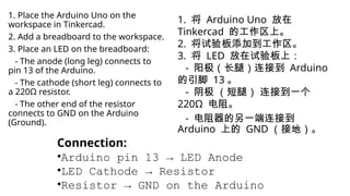 1. Place the Arduino Uno on the
workspace in Tinkercad.
2. Add a breadboard to the workspace.
3. Place an LED on the breadboard:
- The anode (long leg) connects to
pin 13 of the Arduino.
- The cathode (short leg) connects to
a 220Ω resistor.
- The other end of the resistor
connects to GND on the Arduino
(Ground).
Connection:
•Arduino pin 13 → LED Anode
•LED Cathode → Resistor
•Resistor → GND on the Arduino
1. 将 Arduino Uno 放在
Tinkercad 的工作区上。
2. 将试验板添加到工作区。
3. 将 LED 放在试验板上：
- 阳极（长腿）连接到 Arduino
的引脚 13 。
- 阴极 （短腿） 连接到一个
220Ω 电阻。
- 电阻器的另一端连接到
Arduino 上的 GND （接地）。
 