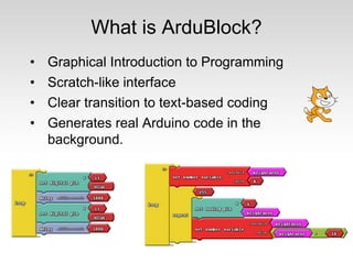 What is ArduBlock?
• Graphical Introduction to Programming
• Scratch-like interface
• Clear transition to text-based coding
• Generates real Arduino code in the
background.
 