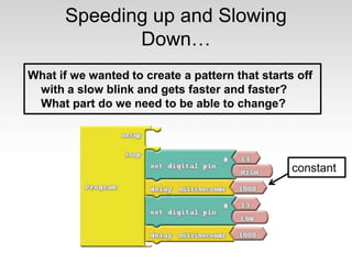 Speeding up and Slowing
Down…
What if we wanted to create a pattern that starts off
with a slow blink and gets faster and faster?
What part do we need to be able to change?
constant
 
