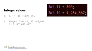 Integer values
1. 1, -1, 0, 1,523,696
2. Ranges from -2,147,483,648
to 2,147,483,647
 
