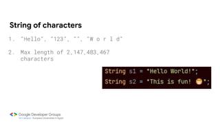 String of characters
1. “Hello”, “123”, “”, “W o r l d”
2. Max length of 2,147,483,467
characters
 