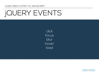jQUERY EVENTS 
click 
focus 
blur 
hover 
load 
CODE CREW | INTRO TO JAVASCRIPT 
 