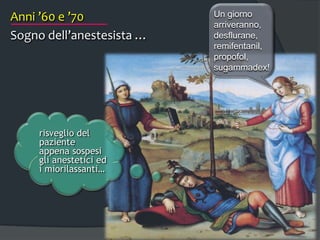 Anni ’60 e ’70
Sogno dell’anestesista …
risveglio del
paziente
appena sospesi
gli anestetici ed
i miorilassanti…
Un giorno
arriveranno,
desflurane,
remifentanil,
propofol,
sugammadex!
 