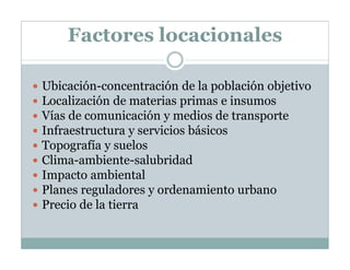 Factores locacionales
Ubicación-concentración de la población objetivo
Localización de materias primas e insumos
Vías de comunicación y medios de transporte
Infraestructura y servicios básicos
Topografía y suelos
Clima-ambiente-salubridad
Impacto ambiental
Planes reguladores y ordenamiento urbano
Precio de la tierra
 