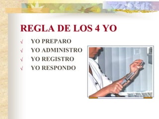 REGLA DE LOS 4 YO
√ YO PREPARO
√ YO ADMINISTRO
√ YO REGISTRO
√ YO RESPONDO
 