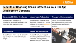 Experienced & Skilled Developers Industry-specific Expertise Transparent Communication
Seasia Infotech has a team of
experienced and skilled developers who
can create high-quality iOS apps.
Seasia Infotech has experience
developing iOS apps for a variety
of industries, including healthcare,
e-commerce, and more.
Seasia Infotech maintains clear
and transparent communication
throughout the development
process.
Cost-effective: Support and Maintenance
Seasia Infotech offers cost-effective iOS
app development services that fit your
budget.
Seasia Infotech provides post-
launch support and maintenance
services to ensure your app
remains up-to-date and bug-free.
Benefits of Choosing Seasia Infotech as Your iOS App
Development Company
 