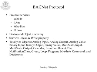 BACNet Protocol
• Protocol services
– Who Is
– I Am
– Who Has
– I Have
• Device and Object discovery
• Services - Read & Write property
• Totally 54 Objects (Analog Input, Analog Output, Analog Value,
Binary Input, Binary Output, Binary Value, MultiState, Input,
MultiState, Output, Calendar, EventEnrollment, File,
NotificationClass, Group, Loop, Program, Schedule, Command, and
Device etc)
Courtesy: Wikipedia
 