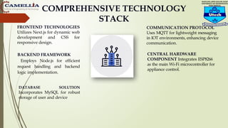 COMPREHENSIVE TECHNOLOGY
STACK
FRONTEND TECHNOLOGIES
Utilizes Next.js for dynamic web
development and CSS for
responsive design.
BACKEND FRAMEWORK
Employs Node.js for efficient
request handling and backend
logic implementation.
DATABASE SOLUTION
Incorporates MySQL for robust
storage of user and device
COMMUNICATION PROTOCOL
Uses MQTT for lightweight messaging
in IOT environments, enhancing device
communication.
CENTRAL HARDWARE
COMPONENT Integrates ESP8266
as the main Wi-Fi microcontroller for
appliance control.
 