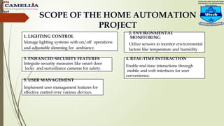 SCOPE OF THE HOME AUTOMATION
PROJECT
1. LIGHTING CONTROL
Manage lighting systems with on/off operations
and adjustable dimming for ambiance.
3. ENHANCED SECURITY FEATURES
Integrate security measures like smart door
locks and surveillance cameras for safety.
2. ENVIRONMENTAL
MONITORING
Utilize sensors to monitor environmental
factors like temperature and humidity
4. REAL-TIME INTERACTION
Enable real-time interactions through
mobile and web interfaces for user
convenience.
5. USER MANAGEMENT
Implement user management features for
effective control over various devices.
 