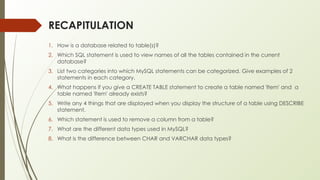 RECAPITULATION
1. How is a database related to table(s)?
2. Which SQL statement is used to view names of all the tables contained in the current
database?
3. List two categories into which MySQL statements can be categorized. Give examples of 2
statements in each category.
4. What happens if you give a CREATE TABLE statement to create a table named 'Item' and a
table named 'Item' already exists?
5. Write any 4 things that are displayed when you display the structure of a table using DESCRIBE
statement.
6. Which statement is used to remove a column from a table?
7. What are the different data types used in MySQL?
8. What is the difference between CHAR and VARCHAR data types?
 