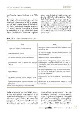 José Arnay, Javier Marrero e Inmaculada Fernández                                                        dossier

mitifican, tal y como aparecen en la Tabla                     servir para alcanzar prestigio social, pru-
3.                                                             dencia, sabiduría, independencia y felici-
                                                               dad. De ahí que las personas mayores, en
Por su parte los estereotipos positivos han
                                                               algunos ámbitos profesionales, como la po-
idealizado esta etapa de la vida al conside-                   lítica o la vida académica, puedan alcanzar
rar que la persona mayor queda liberada de                     más prestigio a medida que avanza su edad.
las cargas familiares y laborales, alcanzan-                   No ocurre lo mismo en el desarrollo profe-
do la plena libertad de emplear su tiempo                      sional en otros sectores que requieren me-
y sus recursos en lo que realmente le gusta                    nor cualificación, tales como la agricultura
hacer. La experiencia acumulada les puede                      o la industria.


Tabla 3. Mitos y hechos sobre las personas mayores.


                            Mito                                                   Hecho

                                                           Es un grupo de edad donde existe, tanta diversidad como
 Las personas mayores son muy parecidas
                                                           en cualquier otro

                                                           Las personas mayores mantienen estrecho contacto con
 Suelen ser personas aisladas
                                                           familiares y amigos.

 Son personas enfermas, débiles y dependientes             La mayoría viven de forma independiente.

                                                           Para la mayoría de las personas mayores, si hay disminu-
 Frecuentemente sufren un pronunciado deterioro            ción de algunas capacidades intelectuales, no son lo su-
 cognitivo                                                 ficientemente graves como para causar problemas en la
                                                           vida cotidiana

                                                           Las personas mayores que viven en comunidad, tienen ta-
 Están deprimidos                                          sas más bajas de depresión diagnosticada que otros gru-
                                                           pos de edad más jóvenes

                                                           La personalidad se mantiene constante a lo largo de toda
 Son personas inflexibles, difíciles de tratar y rígidas
                                                           la vida
 Raramente se enfrentan al deterioro asociado al en-       La mayoría de las personas mayores se adaptan con éxito
 vejecimiento                                              a los cambios.
Fuente: American Psychological Asociation (1998)



Si los agrupamos, los estereotipos negati-                     desde la biológica o de la salud, c) desde la
vos son más comunes cuando se trata de las                     psicológica o personal y d) desde la socio-
representaciones negativas e incluso peyo-                     lógica. Según estas categorías, y teniendo
rativas de vejez. Carvajo (2009) hace una                      en cuenta los estereotipos citados por los
categorización de cuatro tipos de estereoti-                   distintos autores (APA 1998; Losada Bal-
pos, a) desde la perspectiva cronológica, b)                   tar 2004; Palmore 1999; Carvajo, 2009),

                                                                                     nº 104 • juliol-desembre • pàgines 57-71   65
 