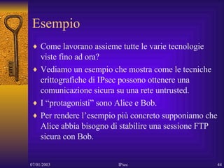 Esempio Come lavorano assieme tutte le varie tecnologie viste fino ad ora? Vediamo un esempio che mostra come le tecniche crittografiche di IPsec possono ottenere una comunicazione sicura su una rete untrusted. I “protagonisti” sono Alice e Bob. Per rendere l’esempio più concreto supponiamo che Alice abbia bisogno di stabilire una sessione FTP sicura con Bob. 
