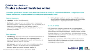 ©Ipsos - Baromètre politique Ipsos / CESI Ecole d’ingénieurs - La Tribune Dimanche – Mai 2025 30
EN AMONT DU RECUEIL
• Echantillon : structure et représentativité
• Questionnaire : le questionnaire est rédigé en suivant un process de
rédaction comprenant 12 standards obligatoires. Il est relu et validé par un
niveau senior puis envoyé au client pour validation finale. La
programmation (ou script du questionnaire) est testée par au moins 2
personnes puis validée.
LORS DU RECUEIL
• Echantillonnage : Ipsos impose des règles d’exploitation très strictes de
ses bases de tirages afin de maximiser le caractère aléatoire de la
sélection de l’échantillon: tirage aléatoire, taux de sollicitation, taux de
participation, abandon en cours, hors cible…
• Suivi du terrain : La collecte est suivie et contrôlée (pénétration, durée
d’interview, cohérence des réponses, suivi du comportement du
répondant, taux de participation, nombre de relances,…).
EN AVAL DU RECUEIL
• Les résultats sont analysés en respectant les méthodes d’analyses
statistiques (intervalle de confiance versus taille d’échantillon, tests de
significativité). Les premiers résultats sont systématiquement contrôlés
versus les résultats bruts issus de la collecte. La cohérence des résultats
est aussi contrôlée (notamment les résultats observés versus les sources de
comparaison en notre possession).
• Dans le cas d’une pondération de l’échantillon (méthode de calage sur
marges), celle-ci est contrôlée par les équipes de traitement (DP) puis
validée par les équipes études.
Fiabilité des résultats :
Études auto-administrées online
La fiabilité globale d’une enquête est le résultat du contrôle de toutes les composantes d’erreurs, c’est pourquoi Ipsos
impose des contrôles et des procédures strictes à toutes les phases de l’étude.
Suivi du terrain : La collecte est suivie et contrôlée (pénétration,
durée d’interview, cohérence des réponses, suivi du comportement
du répondant, taux de participation, nombre de relances,…).
 