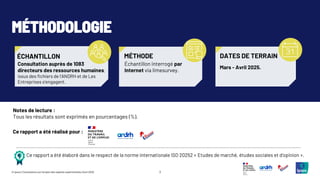 3
© Ipsos | Consultation sur l’emploi des salariés expérimentés | Avril 2025
ÉCHANTILLON DATES DE TERRAIN
MÉTHODE
Notes de lecture :
Tous les résultats sont exprimés en pourcentages (%).
Ce rapport a été élaboré dans le respect de la norme internationale ISO 20252 « Etudes de marché, études sociales et d’opinion ».
Mars - Avril 2025.
Échantillon interrogé par
Internet via limesurvey.
Consultation auprès de 1083
directeurs des ressources humaines,
issus des fichiers de l’ANDRH et de Les
Entreprises s’engagent.
Ce rapport a été réalisé pour :
MÉTHODOLOGIE
 