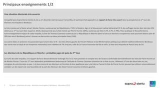 5
Principaux enseignements 1/2
Une situation électorale très ouverte
L’enquête Ipsos Sopra Steria menée du 12 au 17 décembre derniers pour France Bleu et Sud Ouest fait apparaître un rapport de force très ouvert dans la perspective du 1er tour des
élections municipales à Bordeaux.
La liste menée par le Maire actuel, Nicolas Florian, soutenue par les Républicains, l’UDI, le Modem, Agir et le Mouvement radical obtiendrait 33 % des suffrages (certes bien loin des 61%
obtenus au 1er tour par Alain Juppé en 2014), devançant de peu la liste menée par Pierre Hurmic (30%), soutenue par EELV, le PS, le PC, le PRG, Place publique et Nouvelle Donne.
Autre enseignement majeur de cette enquête, la liste de Thomas Cazenave soutenue par La République en Marche (dont la liste aux élections européennes avait pourtant obtenu près de
30% des voix à Bordeaux) peine à trouver sa place entre ces deux principales listes (16%).
Les autres listes en présence ne passeraient pas la barre des 10 % : les listes Divers gauche de Vincent Feltesse et du RN (formation politique qui obtient traditionnellement à Bordeaux
des scores très en deçà de ses moyennes nationales) sont créditées de 7% chacune, celle de La France Insoumise de 6% et enfin, la liste sans étiquette de Pascal Jarty de 1%.
Les électeurs de La République en Marche : probables juges de paix du 2nd tour
Sur la foi de cette enquête, si le rapport de force devait demeurer inchangé d’ici le 15 mars prochain et compte tenu de l’avance confortable dont bénéficient les listes de Pierre Hurmic et
de Nicolas Florian, l’issue du 2nd tour dépendrait probablement beaucoup de l’attitude de Thomas Cazenave (maintien de sa liste ou pas, ralliement à l’une des deux listes ou pas,
consignes de vote données ou pas…) et plus encore de ses électeurs en fonction de leur appétence pour une liste ou l’autre (la liste de Pierre Hurmic pouvant par ailleurs raisonnablement
compter sur des reports de voix favorables de la part des électeurs des listes France Insoumise et Divers gauche).
© Ipsos | Intentions de vote - élections municipales à Bordeaux - Décembre 2019
 