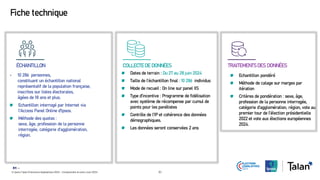 © Ipsos Talan | Elections législatives 2024 – Comprendre le vote | Juin 2024 51
Fiche technique
• 10 286 personnes,
constituant un échantillon national
représentatif de la population française,
inscrites sur listes électorales,
âgées de 18 ans et plus.
Echantillon interrogé par Internet via
l’Access Panel Online d’Ipsos.
Méthode des quotas :
sexe, âge, profession de la personne
interrogée, catégorie d’agglomération,
région.
51 ‒
Dates de terrain : Du 27 au 28 juin 2024
Taille de l’échantillon final : 10 286 individus
Mode de recueil : On line sur panel IIS
Type d’incentive : Programme de fidélisation
avec système de récompense par cumul de
points pour les panélistes
Contrôle de l’IP et cohérence des données
démographiques.
Les données seront conservées 2 ans
Echantillon pondéré
Méthode de calage sur marges par
itération
Critères de pondération : sexe, âge,
profession de la personne interrogée,
catégorie d’agglomération, région, vote au
premier tour de l’élection présidentielle
2022 et vote aux élections européennes
2024.
ÉCHANTILLON COLLECTE DE DONNÉES TRAITEMENTS DES DONNÉES
 