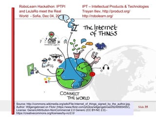 IPT – Intellectual Products & Technologies
Trayan Iliev, http://product.org/
http://robolearn.org/
RoboLearn Hackathon: IPTPI
and LeJaRо meet the Real
World - Sofia, Dec 04, 2015
Slide 35
Licensed under the Creative Commons Attribution-NonCommercial-NoDerivs 3.0
Unported License. In presentation are used materials from https://openclipart.org/
Source: http://commons.wikimedia.org/wiki/File:Internet_of_things_signed_by_the_author.jpg,
Author: Wilgengebroed on Flickr (https://www.flickr.com/photos/wilgengebroed/8249565455/),
License: GenericAttribution-NonCommercial 2.0 Generic (CC BY-NC 2.0) -
https://creativecommons.org/licenses/by-nc/2.0/
 