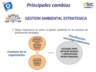 Principales cambios
GESTION AMBIENTAL ESTRATEGICA
 Mayor importancia en incluir la gestión ambiental en los procesos de
planificación estratégica.
IDENTIFICAR
NECESIDADES Y
EXPECTATIVAS DE
PARTES
INTERESADAS
(INCLUYENDO
REQUISITOS
LEGALES)
IDENTIFICAR
CIRCUSTANCIAS
CAMBIANTES
(EXTERNAS O
INTERNAS)
ACCIONES PARA
MITIGAR RIESGOS
Y APROVECHAR
OPORTUNIDADES
Contexto de la
organización
 
