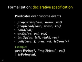• propWrite(base, name, val)
• propRead(base, name, val)
• cond(val)
• unOp(op, val, res)
• binOp(op, left, right, res)
• call(base, f, args, ret, isConstr)
Predicates over runtime events
Example:
propWrite(*, "myObject", val)
| isPrim(val)
Formalization: declarative specification
15
 