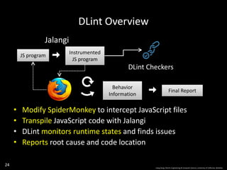 • Modify SpiderMonkey to intercept JavaScript files
• Transpile JavaScript code with Jalangi
• DLint monitors runtime states and finds issues
• Reports root cause and code location
24
JS program
Instrumented
JS program
Behavior
Information
Final Report
DLint Checkers
Jalangi
DLint Overview
Liang Gong, Electric Engineering & Computer Science, University of California, Berkeley.
 